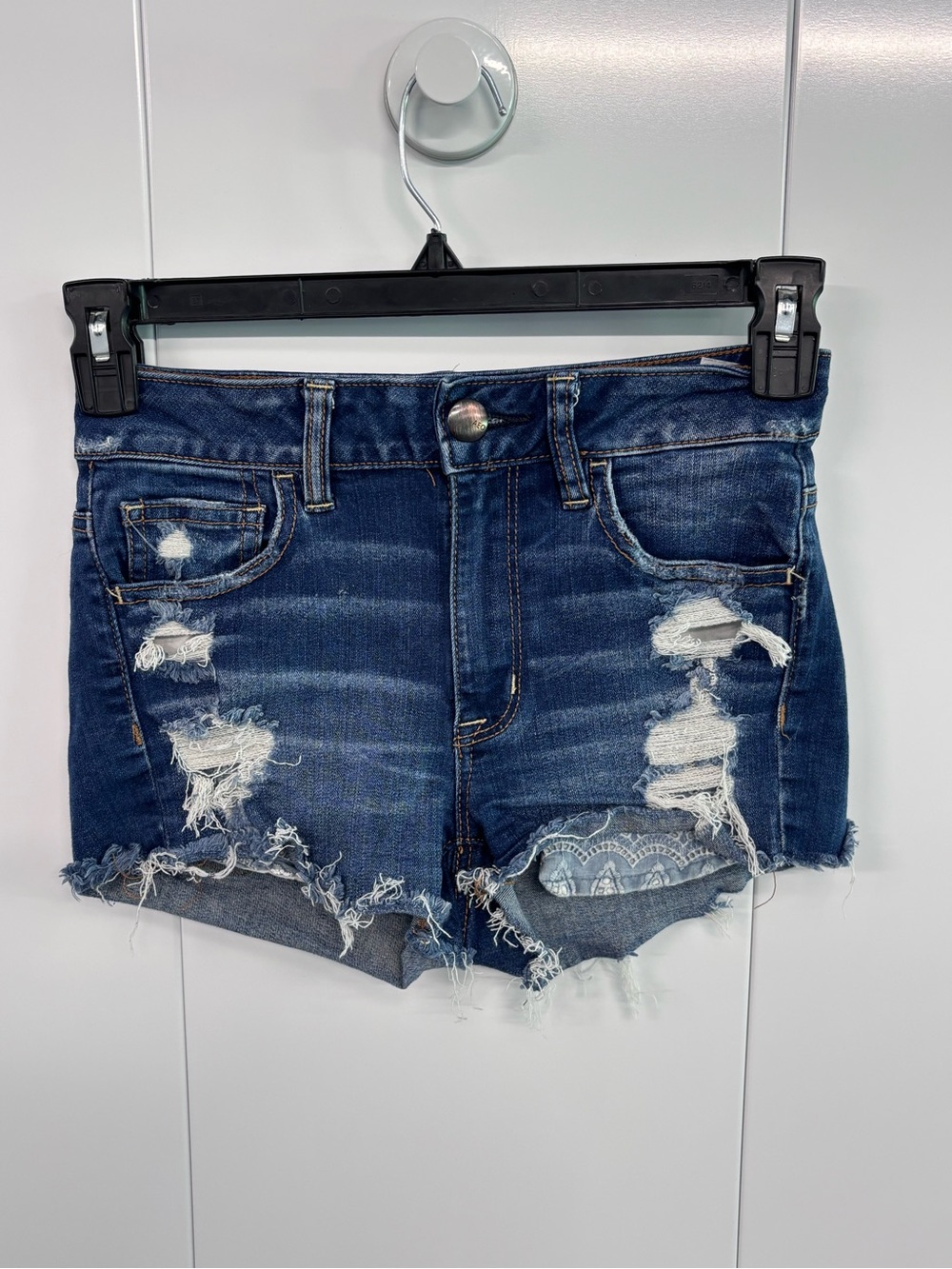 American Eagle Hi-Rise Shortie Jean Shorts Size 4 Stretch Distressed Denim Blue